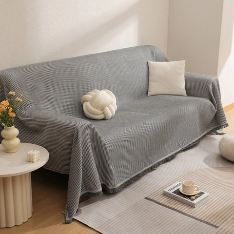 Waffelmuster Gestrickter Sofabezug Decke Polyester Baumwolle Weich Einfarbig Fransensaum Tassel Wurf Für Couch Heimdekoration