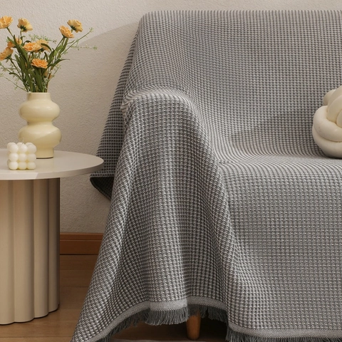 Waffelmuster Gestrickter Sofabezug Decke Polyester Baumwolle Weich Einfarbig Fransensaum Tassel Wurf Für Couch Heimdekoration