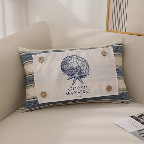 Fodera Per Cuscino Decorativa Oceano Nautico In Tela Rettangolare Con Stampa Conchiglia Granchio Bottone In Legno Per Divano Casa