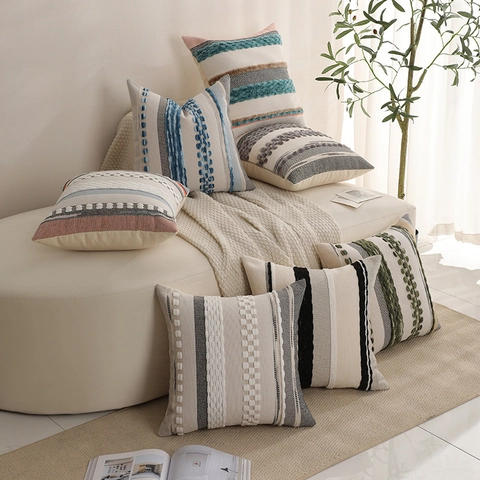 Funda de Almohada Bohemio Tufted Tejido Funda de Cojín Decorativa con Rayas Geométricas Para Sofá Sala de Estar Decoración del Hogar