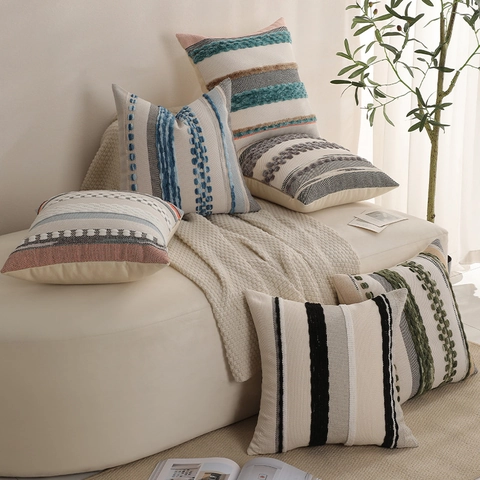 Funda de Almohada Bohemio Tufted Tejido Funda de Cojín Decorativa con Rayas Geométricas Para Sofá Sala de Estar Decoración del Hogar