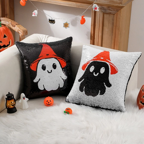 Halloween Geest Omkeerbare Pailletten Kussensloop Polyester Zeemeermin Flip Pailletten Kussenhoes Voor Woonkamer Bank Decor