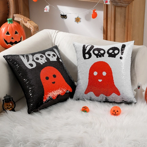 Halloween Geest Omkeerbare Pailletten Kussensloop Polyester Zeemeermin Flip Pailletten Kussenhoes Voor Woonkamer Bank Decor