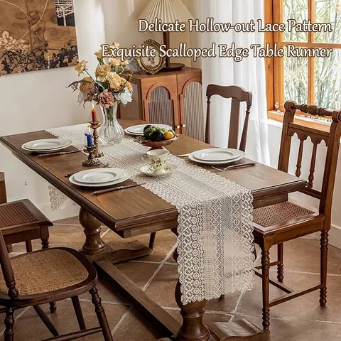 Vintage Spitze Ausschnitt Netz Tischläufer Off-White Blumenmuster Eleganter Spitzenkante Tischläufer Für Esszimmer Deko