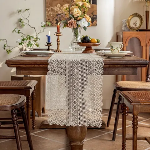 Vintage Spitze Ausschnitt Netz Tischläufer Off-White Blumenmuster Eleganter Spitzenkante Tischläufer Für Esszimmer Deko