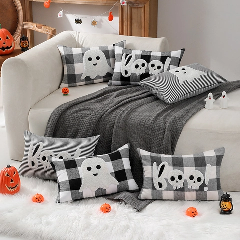 Halloween Geist BOO Deko Kissenbezug Bestickt Buffalo Karo Gestreift Wurfkissenbezug Für Sofa Wohnzimmer