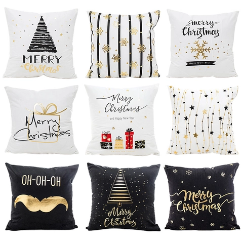 Merry Christmas Goldprägung Kissenbezug Weiß Schwarz Sofa Kissenhülle Festliche Dekorative Dekokissen Bezug Home Decor