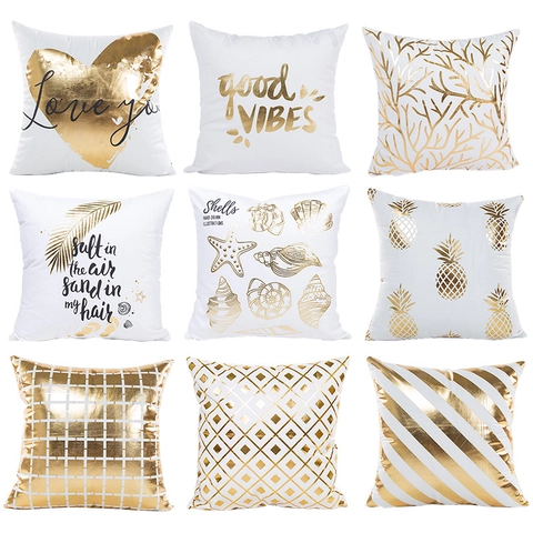 Modern Luxury Gold Stamping Decorative Pillow Case White Square Cushion Cover Heart Pineapple Shell Pattern For Sofa Home Decor