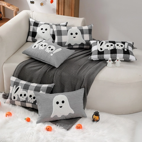 Halloween Geist BOO Deko Kissenbezug Bestickt Buffalo Karo Gestreift Wurfkissenbezug Für Sofa Wohnzimmer