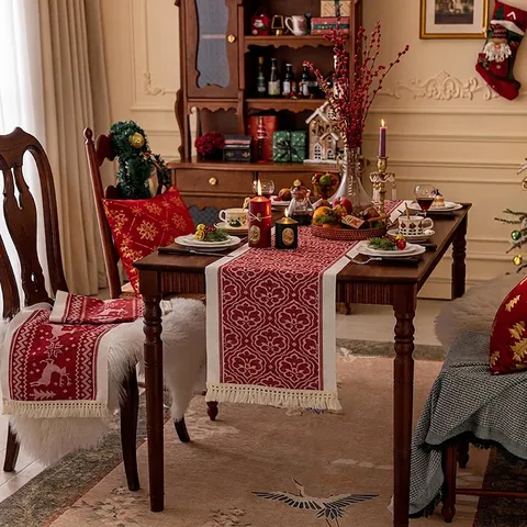 Juego de Camino de Mesa y Mantel Individual de Navidad Algodón Lino Jacquard Borla Patrón Alce Copo de Nieve Mantel Impermeable