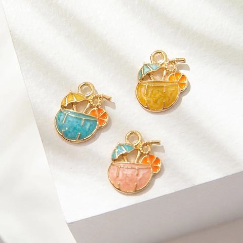 Cartoon Summer Coconut Drink Alloy Enamel Pendant For DIY Jewelry Making Tropical Cocktail Beverage Charm For Necklace Bracelet Accessories