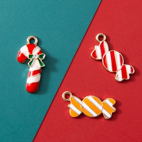 Christmas Candy Cane Pendant For Jewelry Making Alloy Enamel Striped Sweets Charm For Earrings Bracelet DIY Accessories