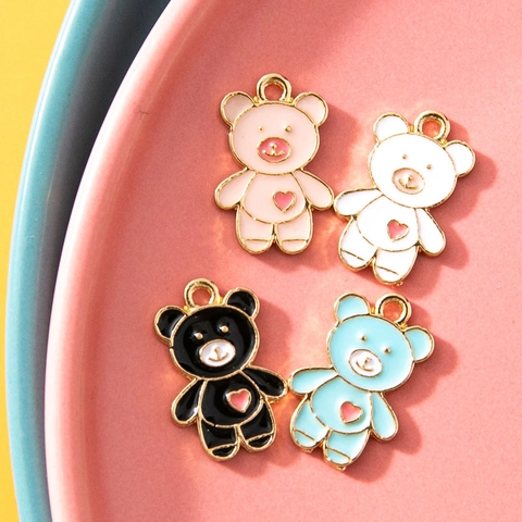 Cartoon Enamel Heart Bear Pendants For DIY Jewelry Making Alloy Animal Charms For Necklace Bracelet Keychain Accessory