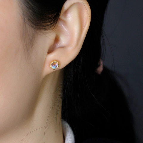 EH1507 S925 Sterling Silver Faux Moonstone Stud Earrings Beaded Edge Gold Silver Plated Vintage Fashion Jewelry for Women