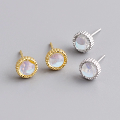 EH1507 S925 Sterling Silver Faux Moonstone Stud Earrings Beaded Edge Gold Silver Plated Vintage Fashion Jewelry for Women