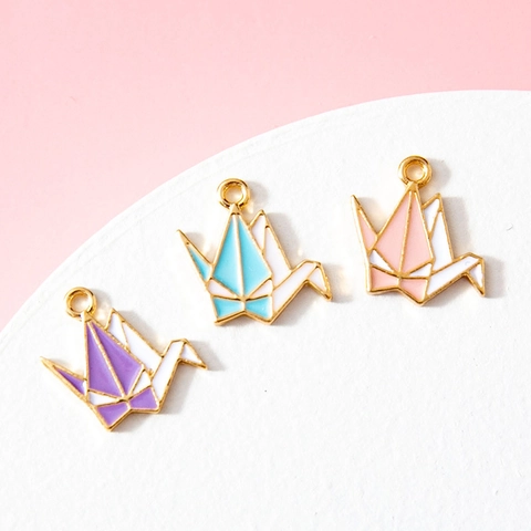 Origami Paper Crane Alloy Enamel Pendants For DIY Jewelry Making Necklace Bracelet Accessory Pink Blue Purple Color