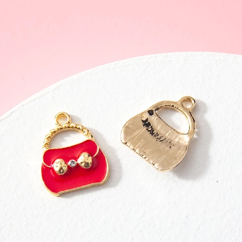 Mini Handbag Shape Alloy Enamel Charms For Jewelry Making Cute Rhinestone Bow Bag Pendant For Necklace Bracelet Women