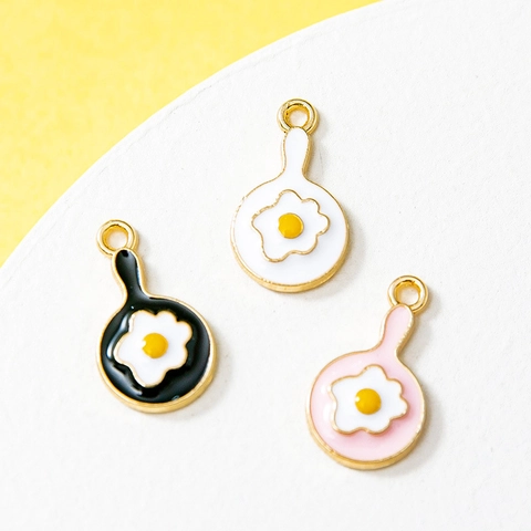 Cartoon Fried Egg Frying Pan Alloy Charm Electroplated Enamel Drip Oil Pendant For DIY Jewelry Making Keychain Bracelet Kids Gift