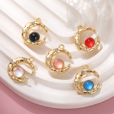 Crescent Moon Pendant Alloy Charm With Aurora Glass Rhinestone For Handmade DIY Jewelry Necklace Bracelet Making