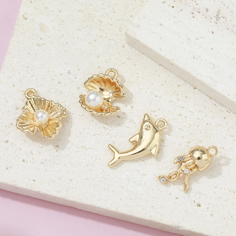 Oceaan Thema DIY Bedeltjes Voor Sieraden Maken Vergulde Legering Dolfijn Schelp Kwal Hangers Met Imitatieparel Strass