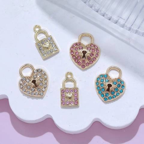 Legierung Strass Herz Rechteck Vorhängeschloss Anhänger Gold Silber Vergoldet DIY Schmuckherstellung Charms Für Halskette Armband Damen