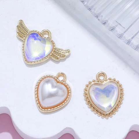 Legierung Herz Anhänger Flügel Design Künstliche Perle Irisierend Harz Charm Für Schmuckherstellung DIY Handgemachte Armband Kette Zubehör