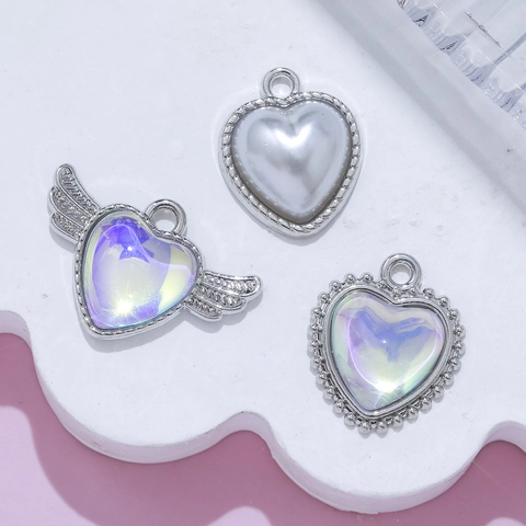 Legierung Herz Anhänger Flügel Design Künstliche Perle Irisierend Harz Charm Für Schmuckherstellung DIY Handgemachte Armband Kette Zubehör
