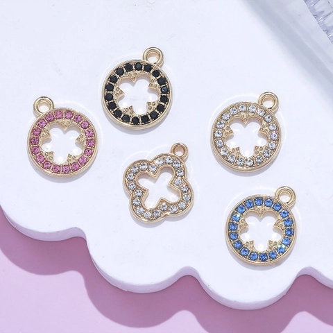 Alloy Rhinestone Clover Flower Cut-out Charms For DIY Jewelry Making Round Pendant Necklace Bracelet Women Fashion Accessories