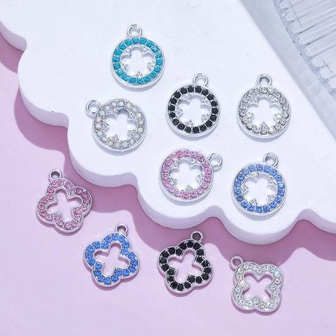 Alloy Rhinestone Clover Flower Cut-out Charms For DIY Jewelry Making Round Pendant Necklace Bracelet Women Fashion Accessories