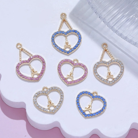 Alloy Heart Eiffel Tower Pendant Only Rhinestone Inlaid Gold Silver Plated Charms For DIY Jewelry Making Necklaces Women
