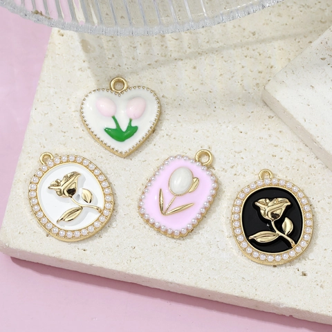 Alloy Floral Heart Pendants With Artificial Pearl Enamel Tulip Rose Charms For DIY Jewelry Making Necklace Accessories