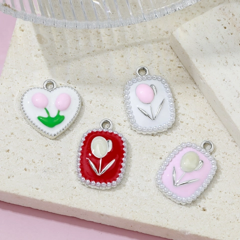 Alloy Floral Heart Pendants With Artificial Pearl Enamel Tulip Rose Charms For DIY Jewelry Making Necklace Accessories