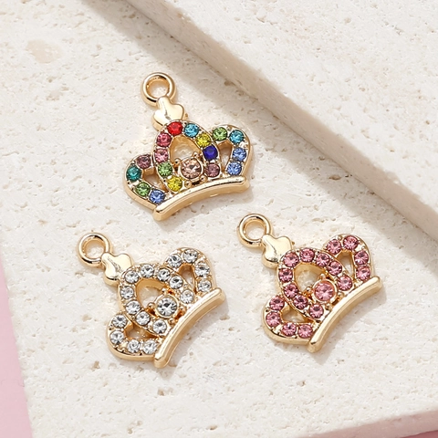 Colgante de Aleación con Forma de Corona y Strass para DIY Collar Pendiente Accesorios de Fabricación Amuletos de Joyería Blancos Rosas Coloridos para Mujer