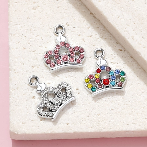 Colgante de Aleación con Forma de Corona y Strass para DIY Collar Pendiente Accesorios de Fabricación Amuletos de Joyería Blancos Rosas Coloridos para Mujer