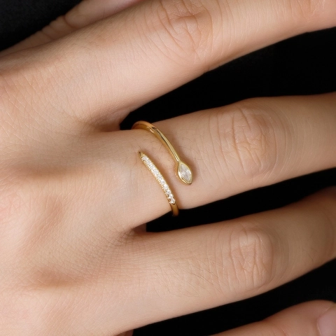 S925 Sterling Silver Marquise Cut Zirconia Adjustable Open Ring For Women Elegant Snake Shaped Colored Stone Bypass Ring