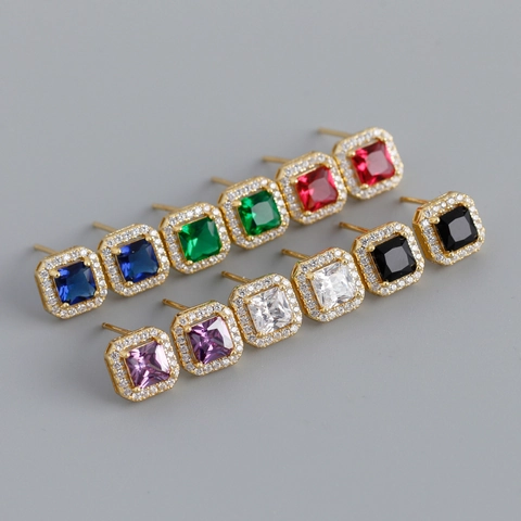 Luxury Square Zirconia Stud Earrings 925 Sterling Silver Post Halo Geometric Colorful Inlaid Earrings For Women Jewelry Gift