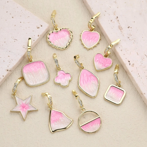 Copper Enamel Pink White Geometric Pendant DIY Necklace Bracelet Accessory Rhinestone Inlaid Heart Star Clover Charms