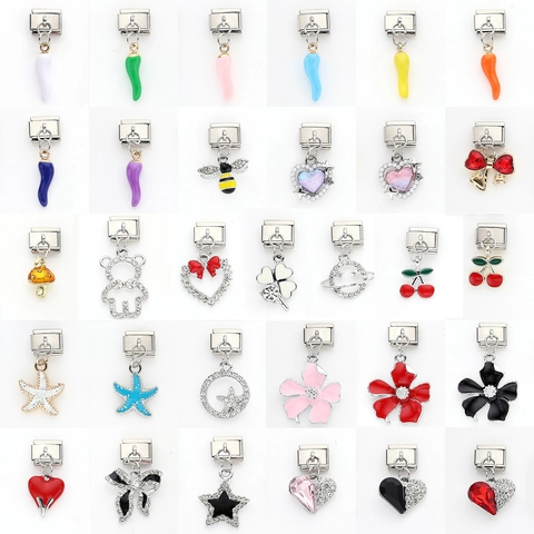 Stainless Steel Italian Charm Links For DIY Bracelet Jewelry Making Heart Pepper Bee Enamel Rhinestone Pendant Charms For Women