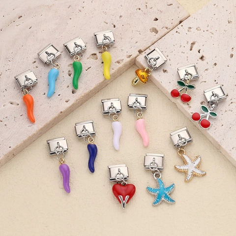 Stainless Steel Italian Charm Links For DIY Bracelet Jewelry Making Heart Pepper Bee Enamel Rhinestone Pendant Charms For Women