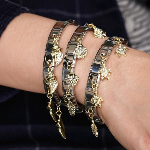 Edelstahl Italienisch Modular Charm Armband Mit Gold Meereslebewesen Anhänger Strass Ozean Meeresschildkröte Muschel Armband Für Damen Herren Unisex Schmuck