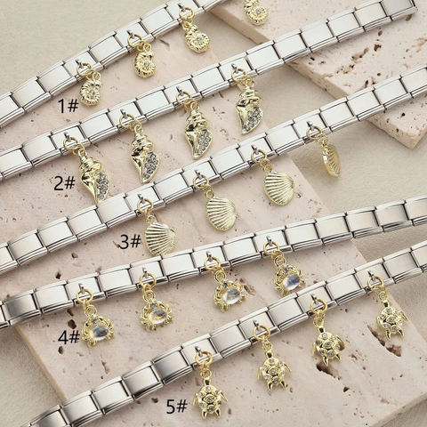 Edelstahl Italienisch Modular Charm Armband Mit Gold Meereslebewesen Anhänger Strass Ozean Meeresschildkröte Muschel Armband Für Damen Herren Unisex Schmuck