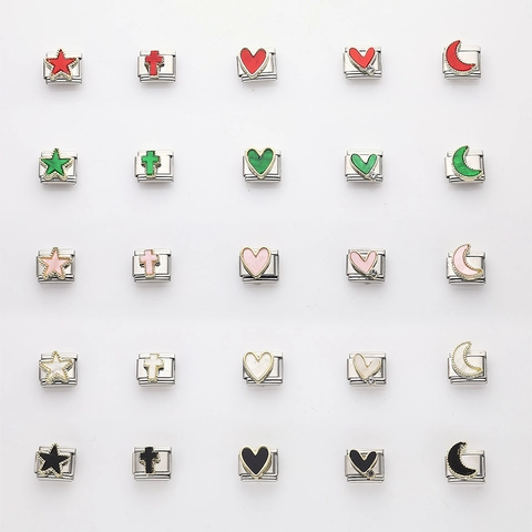 Ανοξείδωτο Ατσάλι Ιταλικά Modular Charm Links Πολύχρωμα Αστέρι Φεγγάρι Σταυρός Καρδιά Σμάλτο Στρας DIY Βραχιόλι Αξεσουάρ Κοσμημάτων