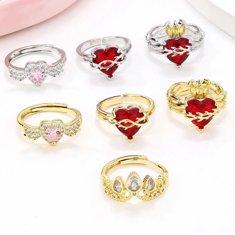 Vintage Heart Angel Wings Thorn Open Ring Copper Rhinestone Adjustable Crown Ring Romantic Jewelry Gift For Women