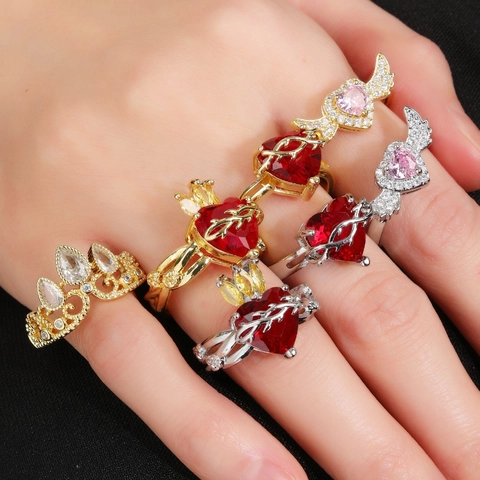 Vintage Heart Angel Wings Thorn Open Ring Copper Rhinestone Adjustable Crown Ring Romantic Jewelry Gift For Women