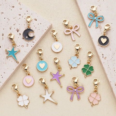 Alloy Enamel Pendant Charms Colorful Bowknot Four-leaf Clover Star Moon Heart DIY Jewelry Findings With Lobster Clasp