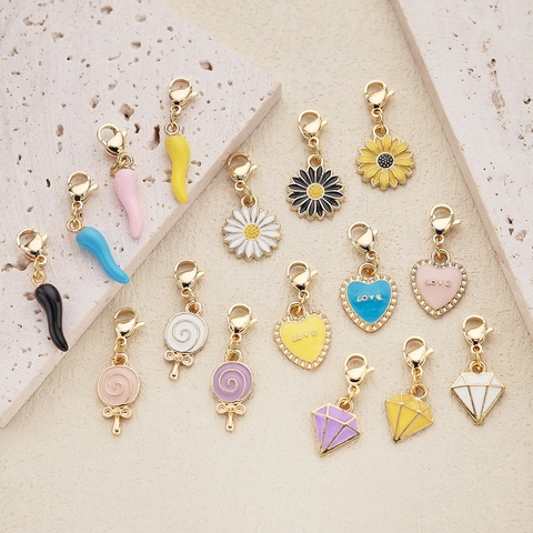 Alloy Enamel Daisy Heart Lollipop Pendants With Lobster Clasp DIY Jewelry Making Accessories Colorful Charms For Keychain