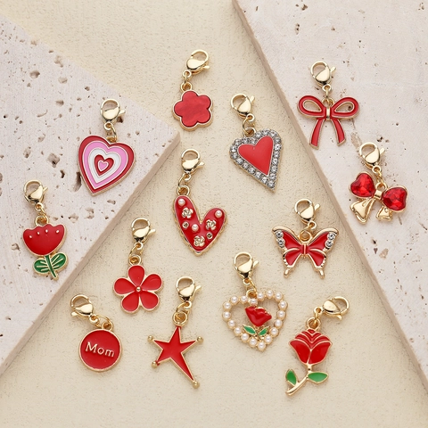 Red Enameled Alloy Flower Heart Butterfly Pendant Charms With Lobster Clasp DIY Jewelry Making Charms For Bag Decor Women