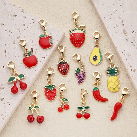 Alloy Enamel Fruit Pendant With Lobster Clasp Strawberry Apple Cherry Avocado Pineapple Grape Chili Charm For DIY Jewelry
