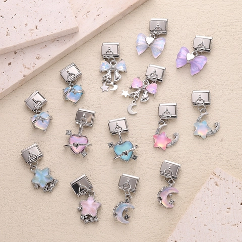 Stainless Steel Iridescent Resin Heart Star Moon Italian Charm DIY Modular Bracelet Link For Women Y2K Jewelry
