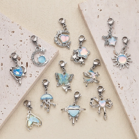 Alloy Light Blue Opal Style Heart Star Moon Butterfly Charms With Lobster Clasp Rhinestone Pendants For DIY Jewelry Making